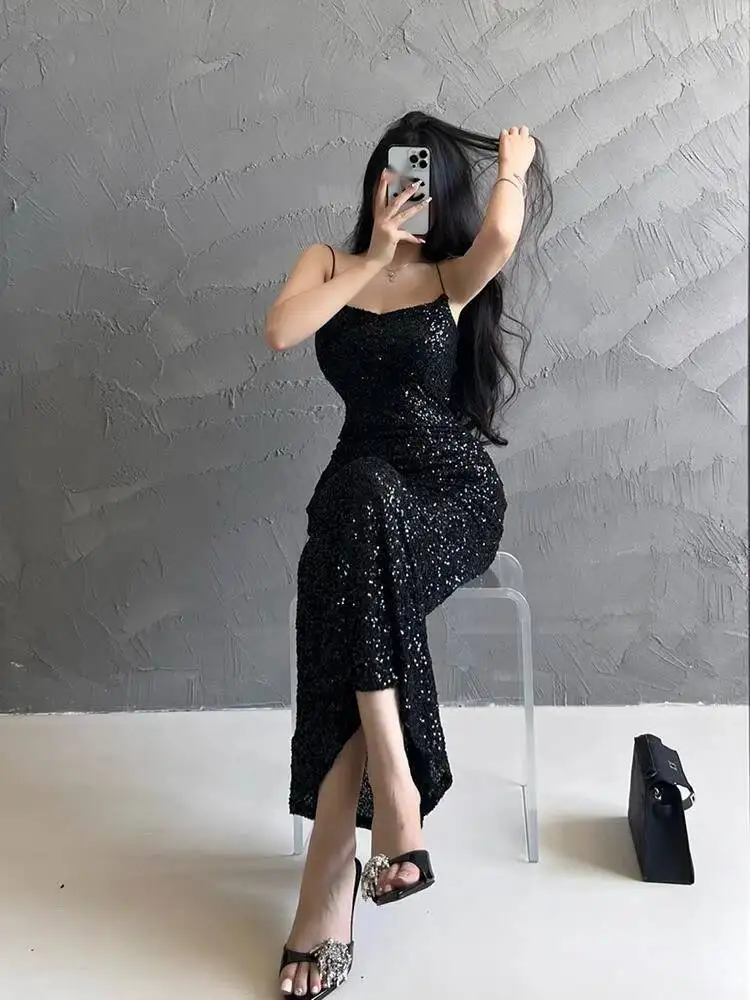 Pure Desire Funkelndes Silber-Trägerkleid, elegante Damen-Licht-Luxus-Bankett-dünnes Kleid, Kleider, Robe, süße Damen, 2024, neu, G1WW