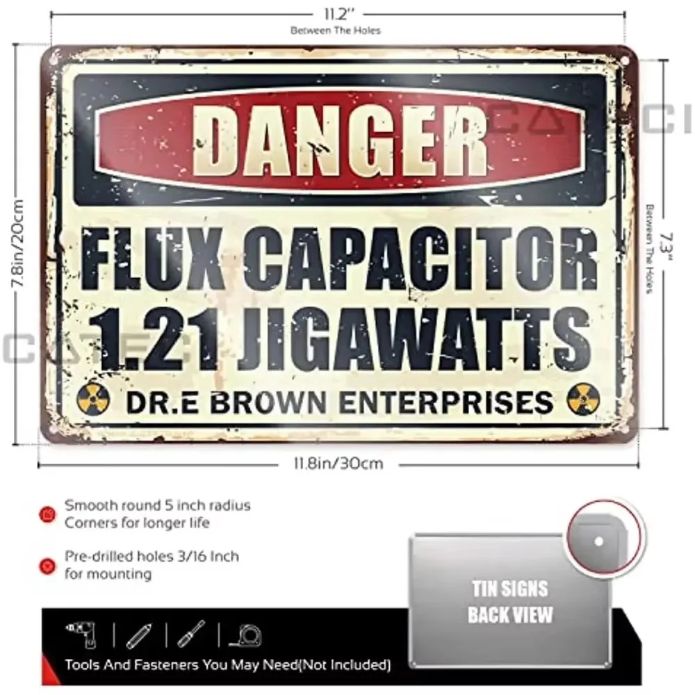 Danger Flux Capacitor 1.21 Gigawatts Metal Tin Sign, Funny Back to the Future Inspired Warning Wall Decor, Vintage Sci-Fi Movie