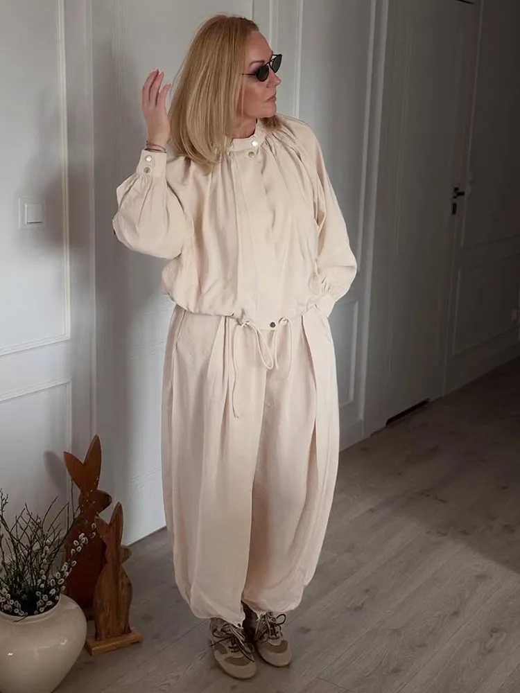Übergroße Laternenärmel-Mantel-Hosen-Sets für Damen, Streetwear mit Kordelzug, Plissierte Jacken, Laternenhosen, Schicke Damen-Outfits in Unifarben und Loser Passform – Detail 5