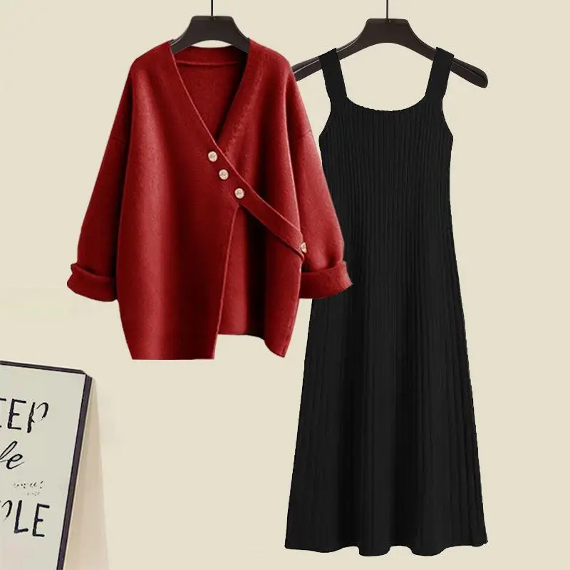 Autumn Winter Loose Sweater Pullover Tank Dress 1 or 2 Piece Set Women Fashion Button V-Neck Knit Tops Sleeveless Dresses Outfit