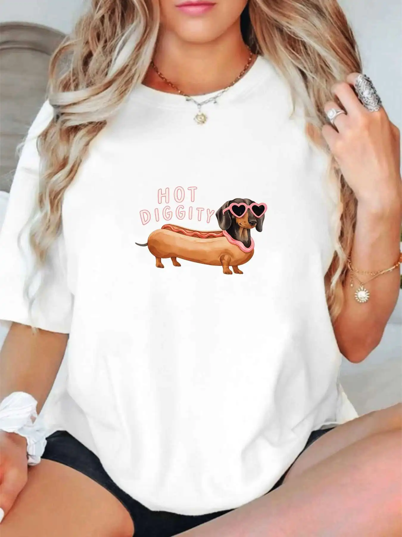 【1143498】プラスサイズの女性用ラウンドネック半袖Tシャツ、伸縮性のあるハーフスリーブとトレンディなプリント付き