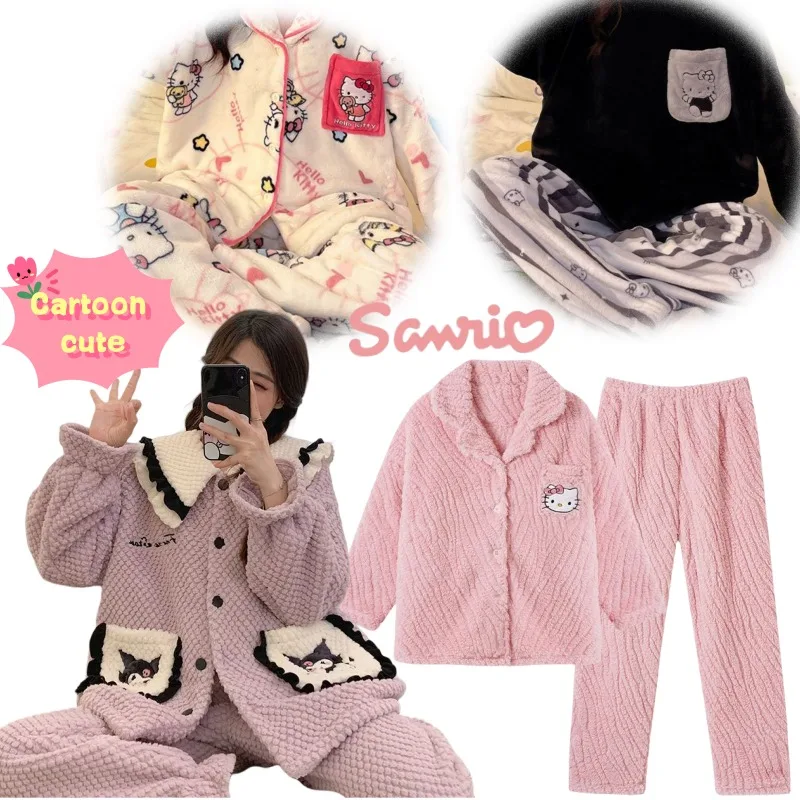 

Sanrio Hello Kitty, высококачественные креативные пижамы для женщин, новый зимний комплект одежды для отдыха из кораллового флиса, который можно носить на открытом воздухе