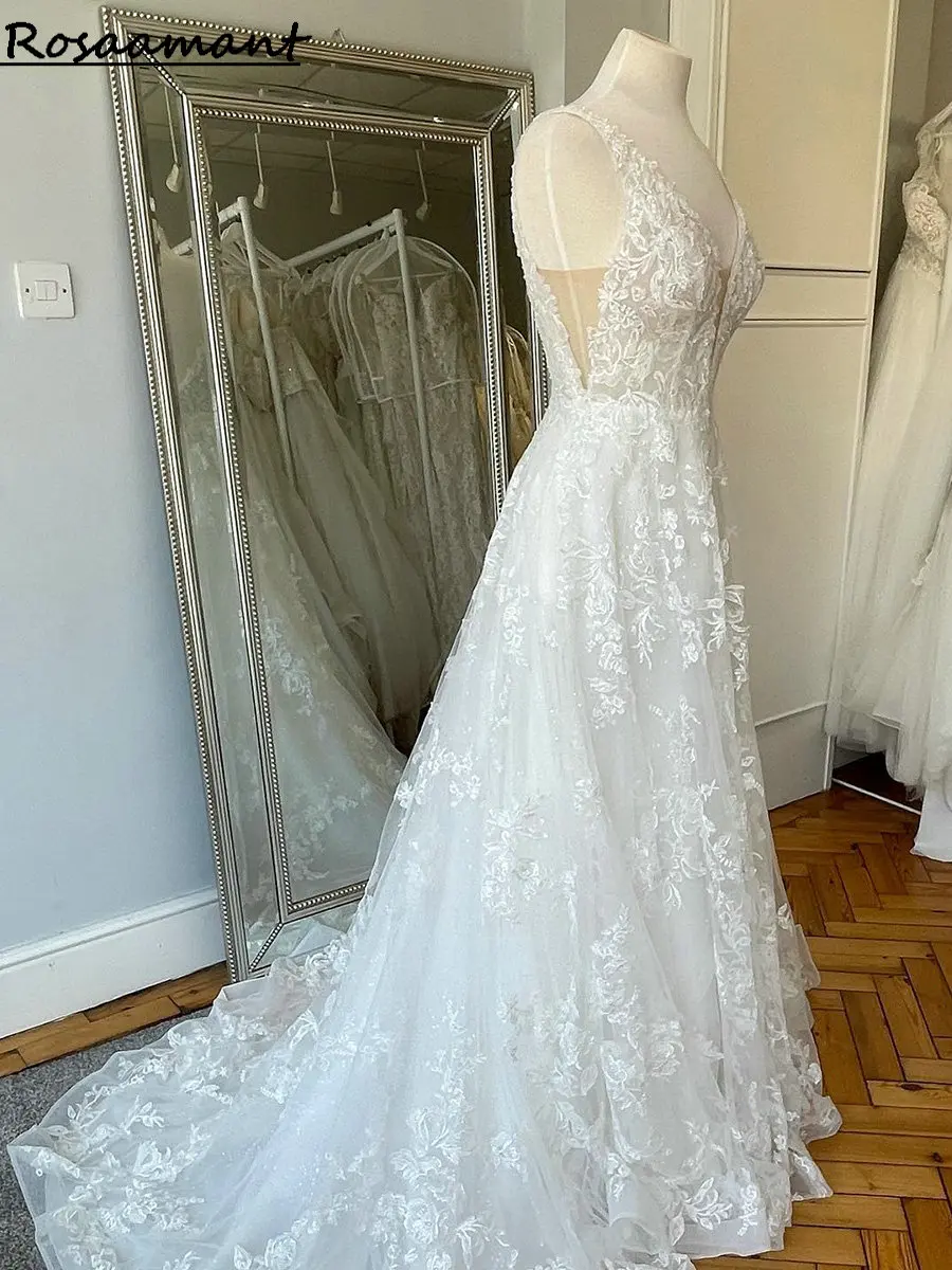 Real Image Illusion abiti da sposa con scollo a v profondo a-line Appliques di pizzo senza maniche abiti da sposa