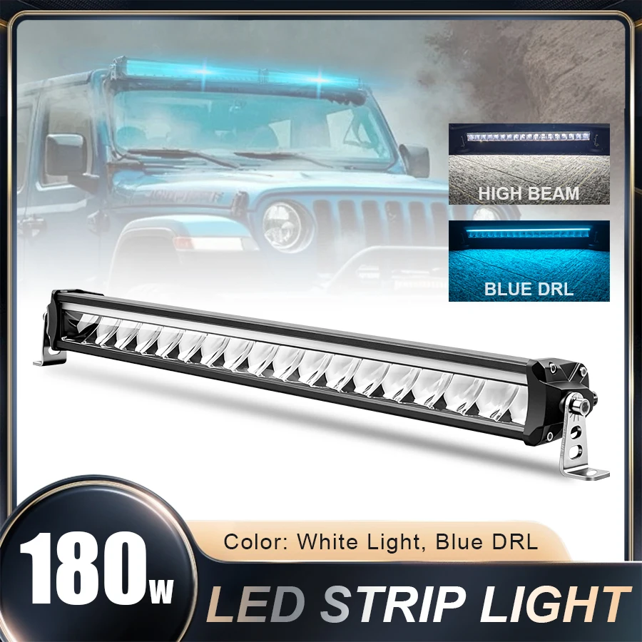 

20''180W Universal SUV Truck LED Light Bar Single Row Front Bumper Grille Roof Mount Long Range Spot Blue DRL White Light Color