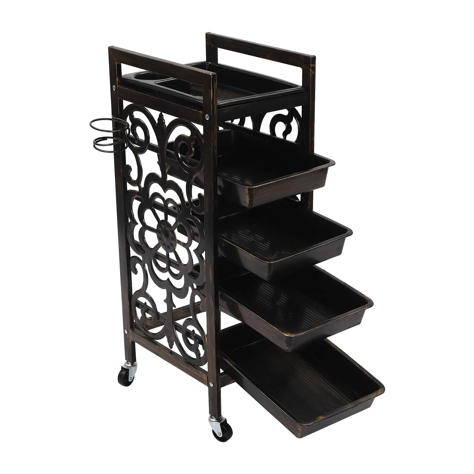 Beauty Salon Rolling Trolley Cart, Hair Styling Salon Trolley Cart with Wheels & Dryer Holder, 5 Tier Rolling Salon Cart for Hai