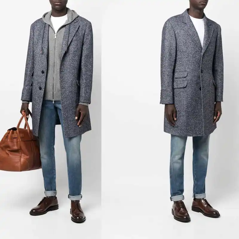 

Classic Men's Overcoat Tweed Classic Windproof Single Breasted Notched Lapel Casual Out-Wear Winter Warm Custom Made