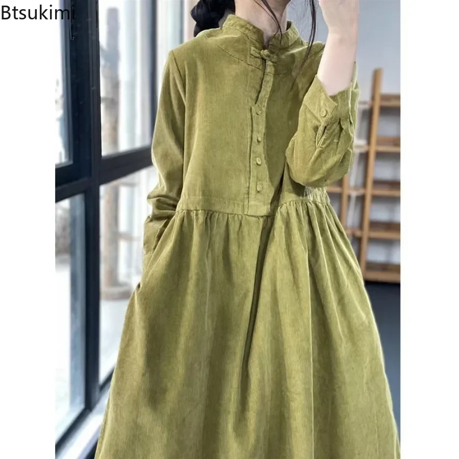 ใหม่ผู้หญิงฤดูใบไม้ผลิหลวม Corduroy ความยาวกลางชุดแฟชั่นคอยาวแขนยาว Midi ชุดลําลอง Vintage Robe femme