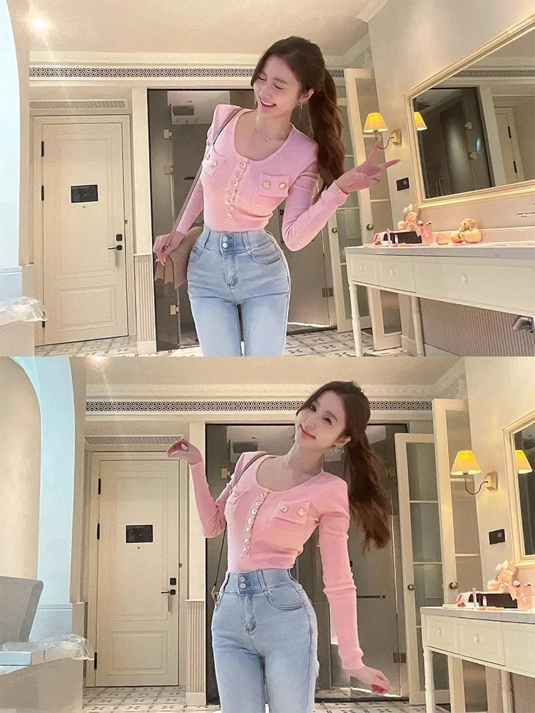 

High Waist Hip Lifting Blue Jeans Women's Fashion Korean Style Slimming Cowgirl Pants with Padded Butt Casual Cotton Stretch