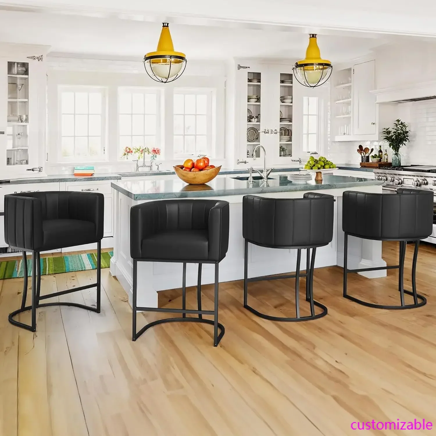 Juego de 4 taburetes de bar con altura de mostrador de 26,4 pulgadas de alto, taburetes de barril modernos, taburetes de bar tapizados de piel sintética para islas de cocina, negro