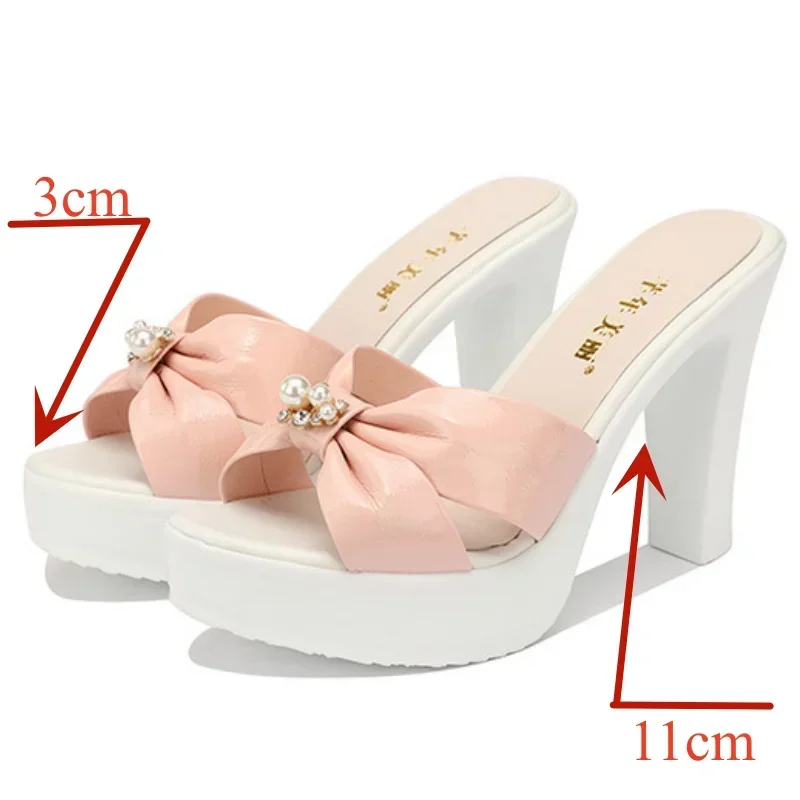 11cm Small Size 32-43 Elegant Pearl Soft Leather Slippers Platform Shoes 2024 Summer Block High Heels Slides for Office Model