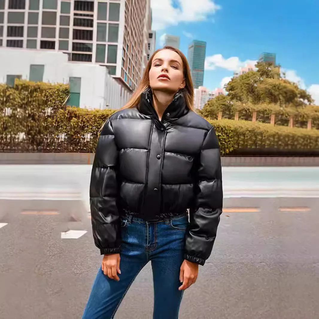

Imitation leather cotton jacket 2025 winter new fan stand-up collar single-breasted slim-fitting thickened cotton-padded coat