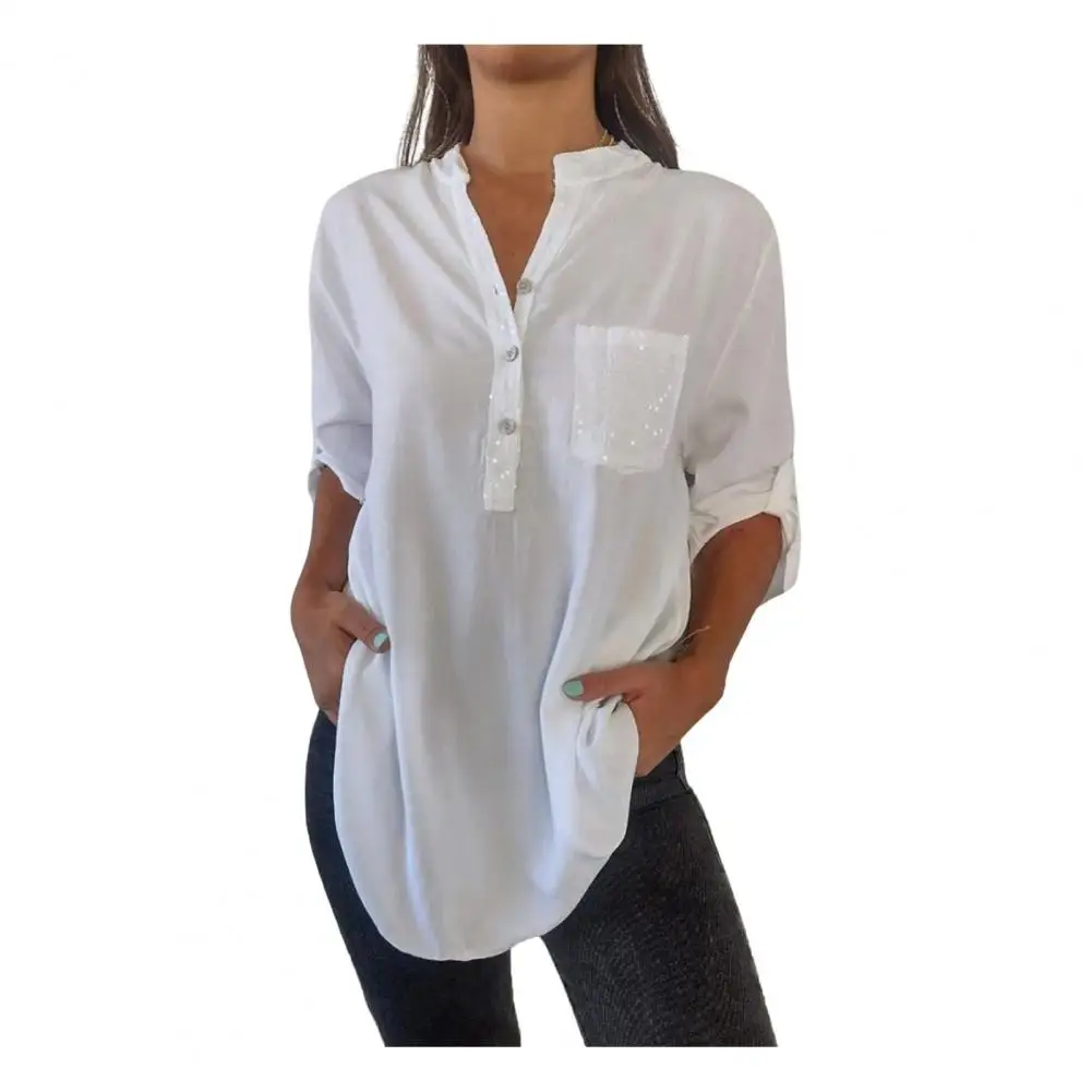 

Women Shirt V-neck Buttons Neckline Long Sleeve Sequins Stitching Pullover Tops Patch Pocket Loose Mid-length Tops