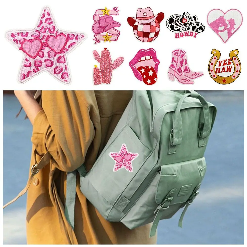 10/19PCS Western Cowgirl Embroidered Patch Trucker Hat Pink Cowgirl Hats Iron On Patches Clothes Decoration Badge Applique Patch