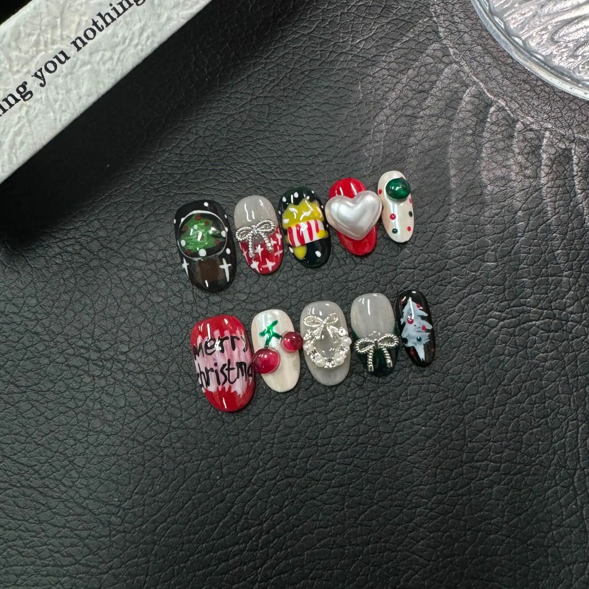 10 قطعة عيد الميلاد اليدوية الأظافر اللوز الكرز القوس تغطية كاملة مسمار تلميح الأحمر اضغط على مسمار للنساء والفتاة للإزالة يمكن ارتداؤها مسمار #3