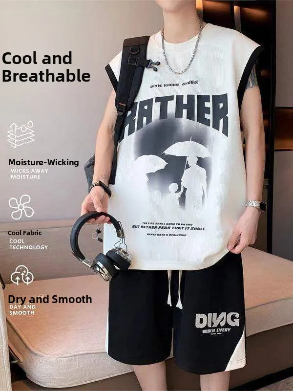 

Summer Ice Silk Youthful Brand Cool Haome Svel Tank Top Set with T-irt Men's New Casual Sports Suit