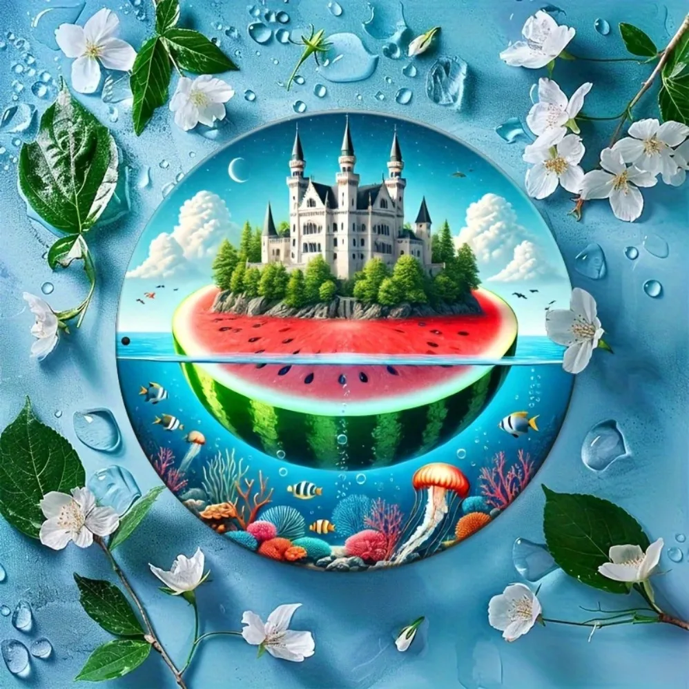 

Underwater Watermelon Castle' Round Sign,, Suitable forRestaurant,Garage Decoration, Vintage Handmade Art and Nove
