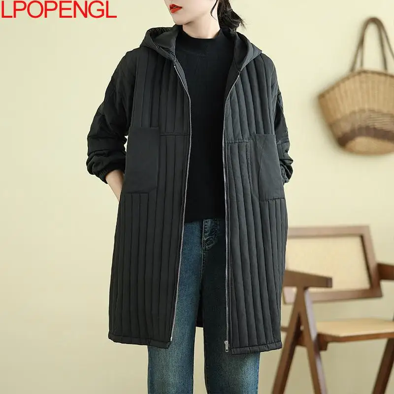 Women\'s 2024 Autumn And Winter New Thickened Hooded Mid-length Warm Long Sleeves Cotton Trench Temperament Versatile Loose Coat