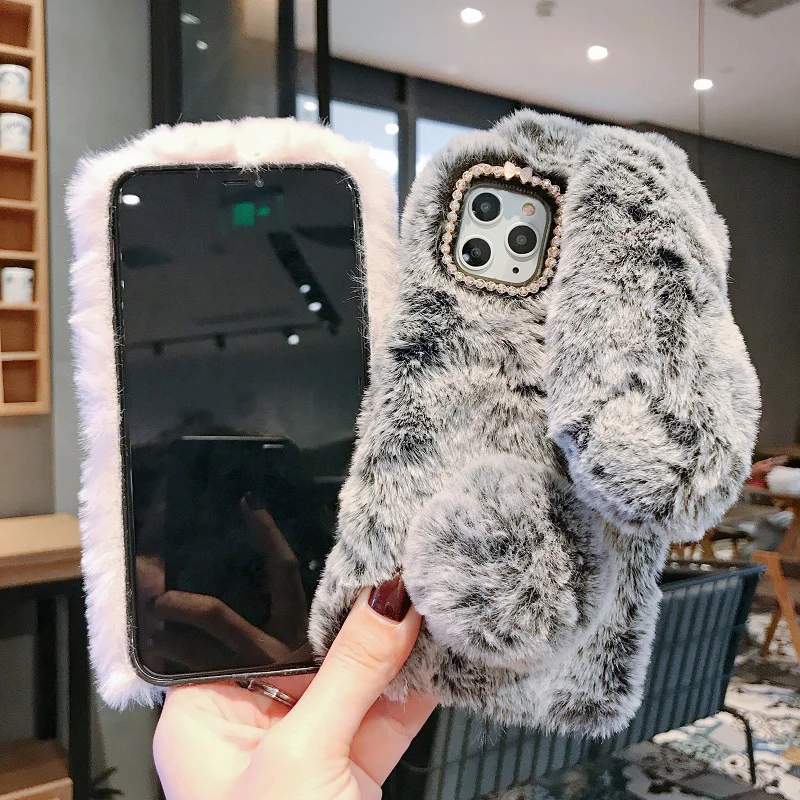 Warm Rabbit Fluffy Fur Phone Case For iPhone 11 Pro Max 13 12 Pro Max X XR XS Max 6s 7 8 Plus Coque 3D Rabbit Ears Soft Back Bag