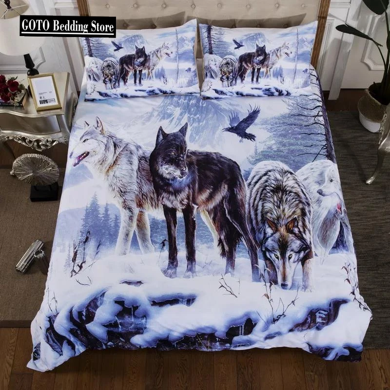 

Snow Wolf bedding set double Printed Western Duvet Cover Sets blue wolf and eagle 3 pcs Cartoon animal comforter bedding sets G3