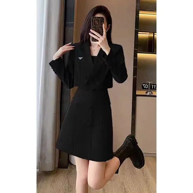 Women's Winter British Padded Shoulder Blazer Suspender Dress Set Vintage Casual Double-breasted Suit Vest Dress Two-piece Set