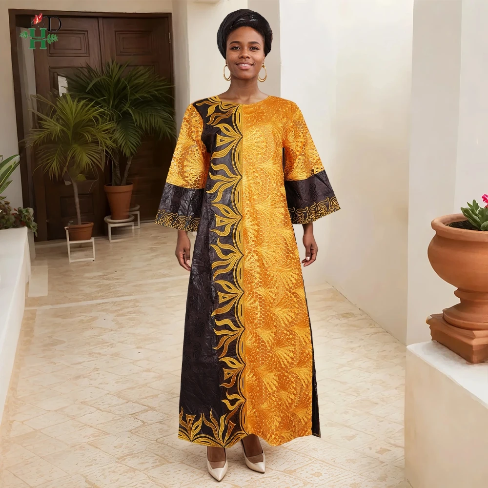 African Clothes Plus Size For Women Elegant Dresses Bazin Riche Lace Spliced Gown Embroidery Party Wedding Traditional Wear 2025