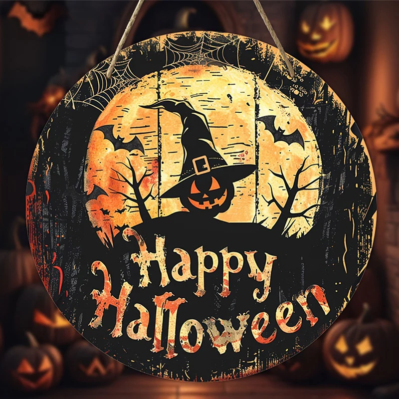 Halloween Wooden Wreath Sign Vintage Witch Pumpkin Head Horror Art Deco Fall Wreath Sign Home Kitchen Garden Patio Window Porch