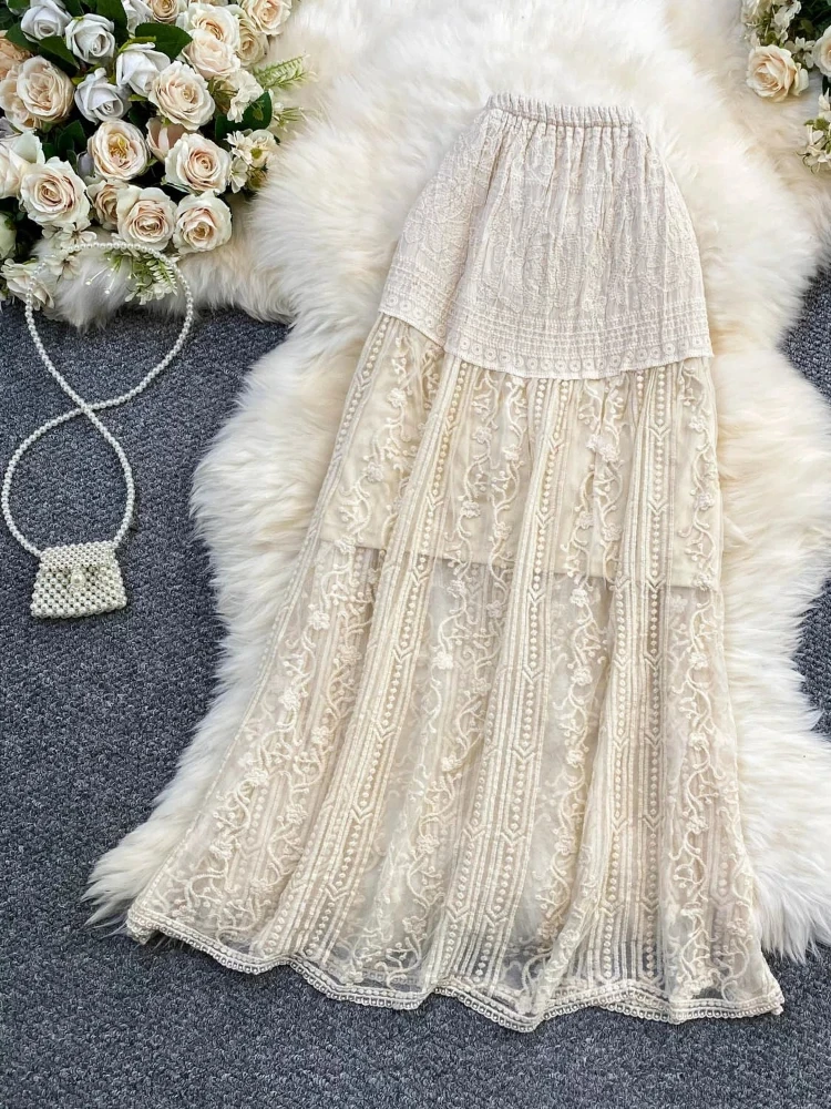 

Skirt Vintage Retro Lace High Waist Women Summer Bohemian Style Drape Elegant Chic Soft Mesh Embroidery Long Flowy Skirts