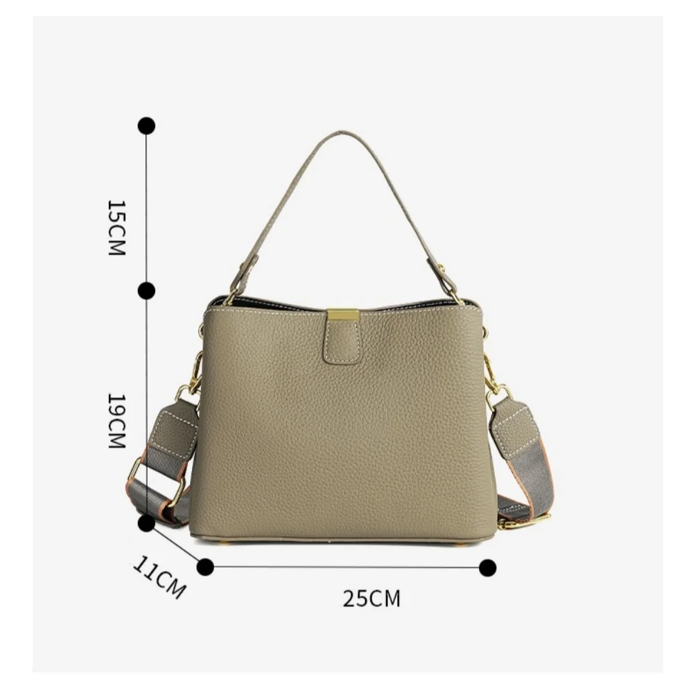 Women Top Grain Cowhide Bucket Bag Large Capacity Versatile Commuter Handbag Multi-function Shoulder Crossbody Bag