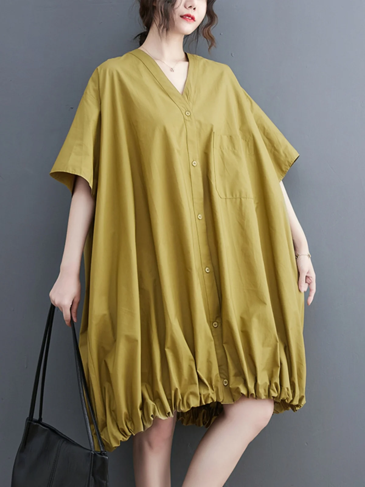 صيف جديد فضفاض V-ne irt Dr تصميم فني غير رسمي Faion Dr الكورية Sle مادة القطن ميدي تنورة زر واحد #4