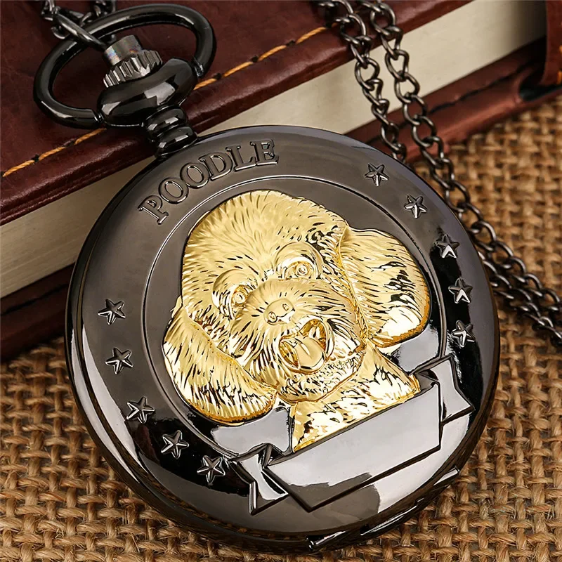 

Antique Black Poodle Design Pet Dog Cover Men Women Quartz Analog Pocket Watch Necklace Pendant Chain Retro Timepiece Reloj