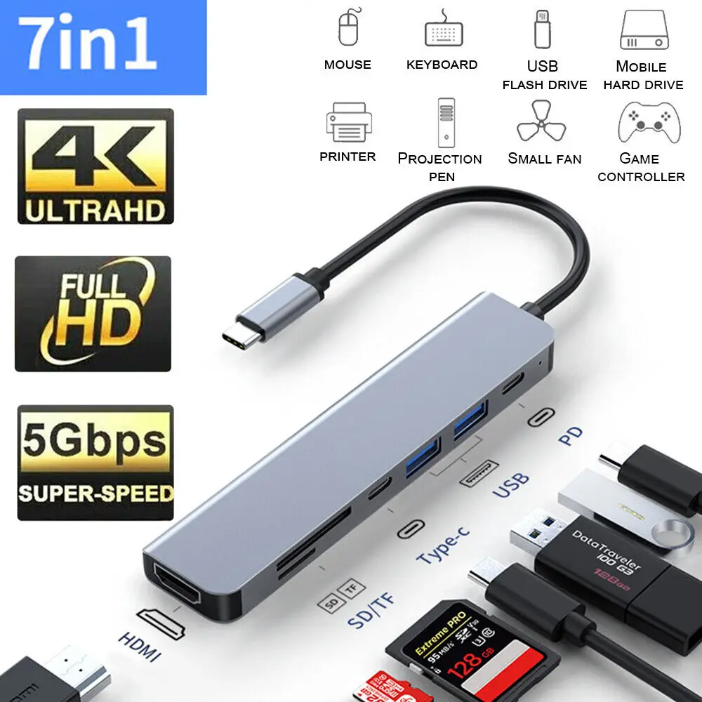 For MacBook Pro/Air iPad Pro 7-in-1 USB C Hub Multiport Type C Adapter Laptop