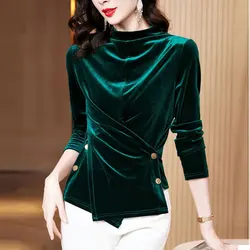 Female Clothing Solid Color Asymmetrical T-shirt Spring Autumn Button Half High Collar Korean Long Sleeve Commute Slim Pullovers