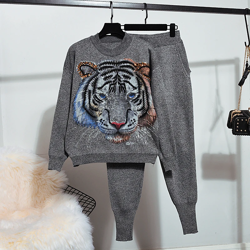 Beadings Tiger Knitted Sweater Pullover Pencil Pant Suit Women O Neck Casual Tracksuit Sports Two-piece Set Plus Size