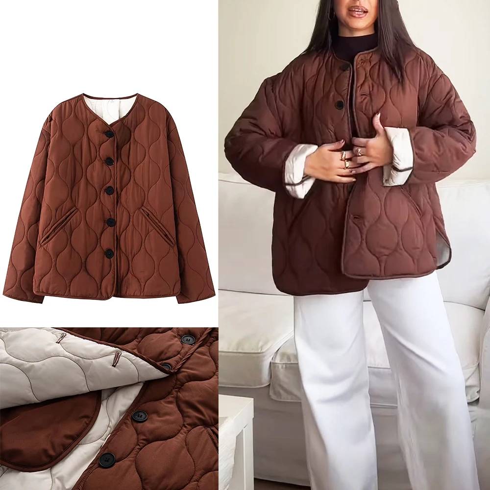 

Винтажная удобная коричневая стеганая куртка, пальто, женская повседневная свободная стеганая куртка с круглым вырезом и длинными рукавами, карманы, стеганая куртка, пальто, новинка 2023 года, осень