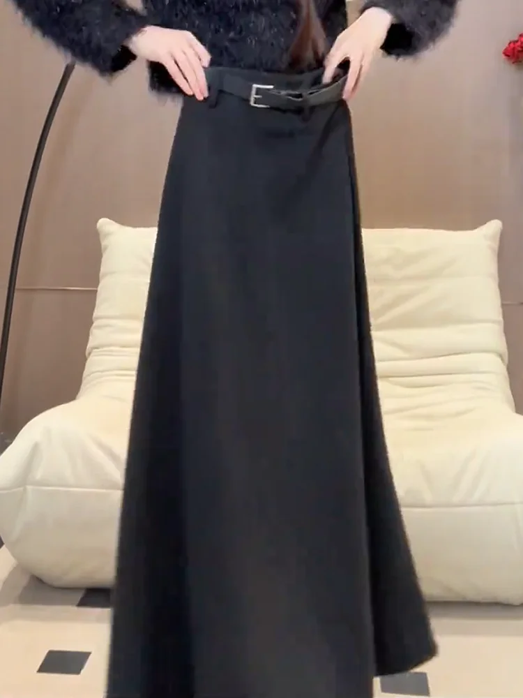 

Черная юбка А-силуэта с высокой талией, модная, универсальная, осенне-зимняя, новая, элегантная, стройнящая, струящаяся, в пол.