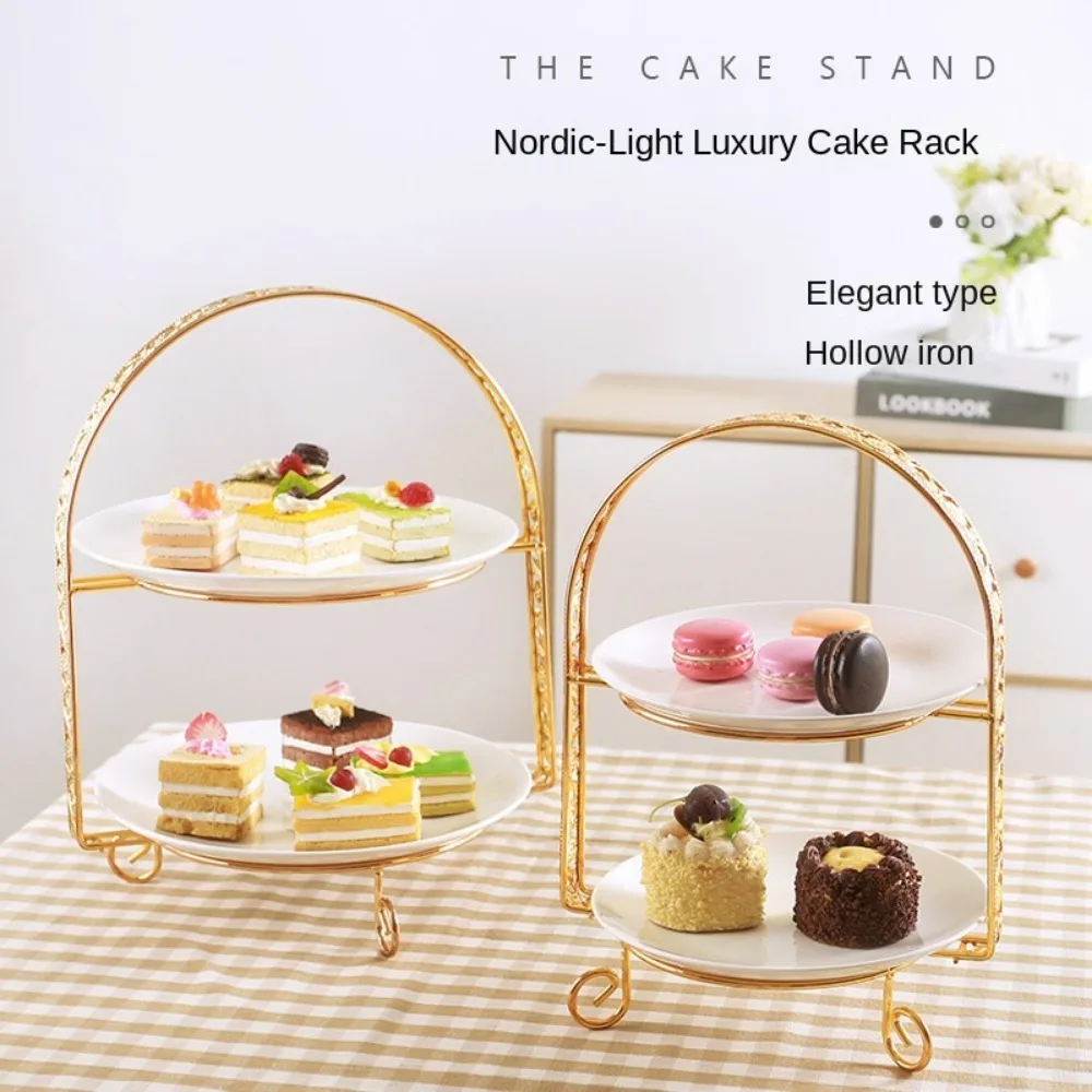 Metal Cake Stand Double-Layer Arch-Shaped Golden Fruit Dessert Rack Christmas Wedding Birthday Party Decoration Stand Gold