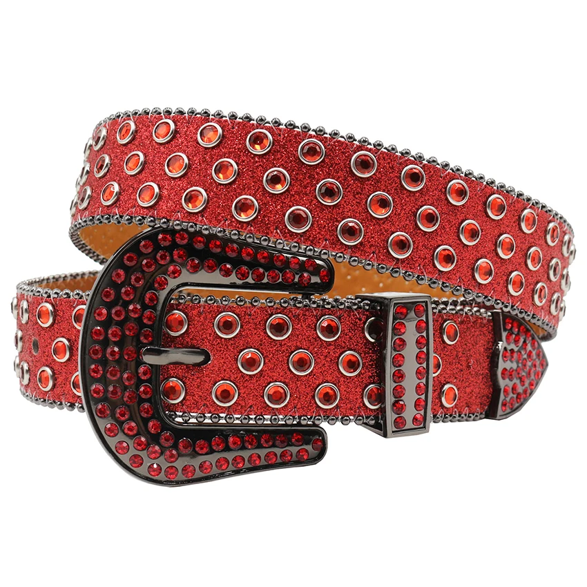 men fashion red rhinestone belts diamond inlay studded belt pin buckle soft leather waistband stage performance womens strapon