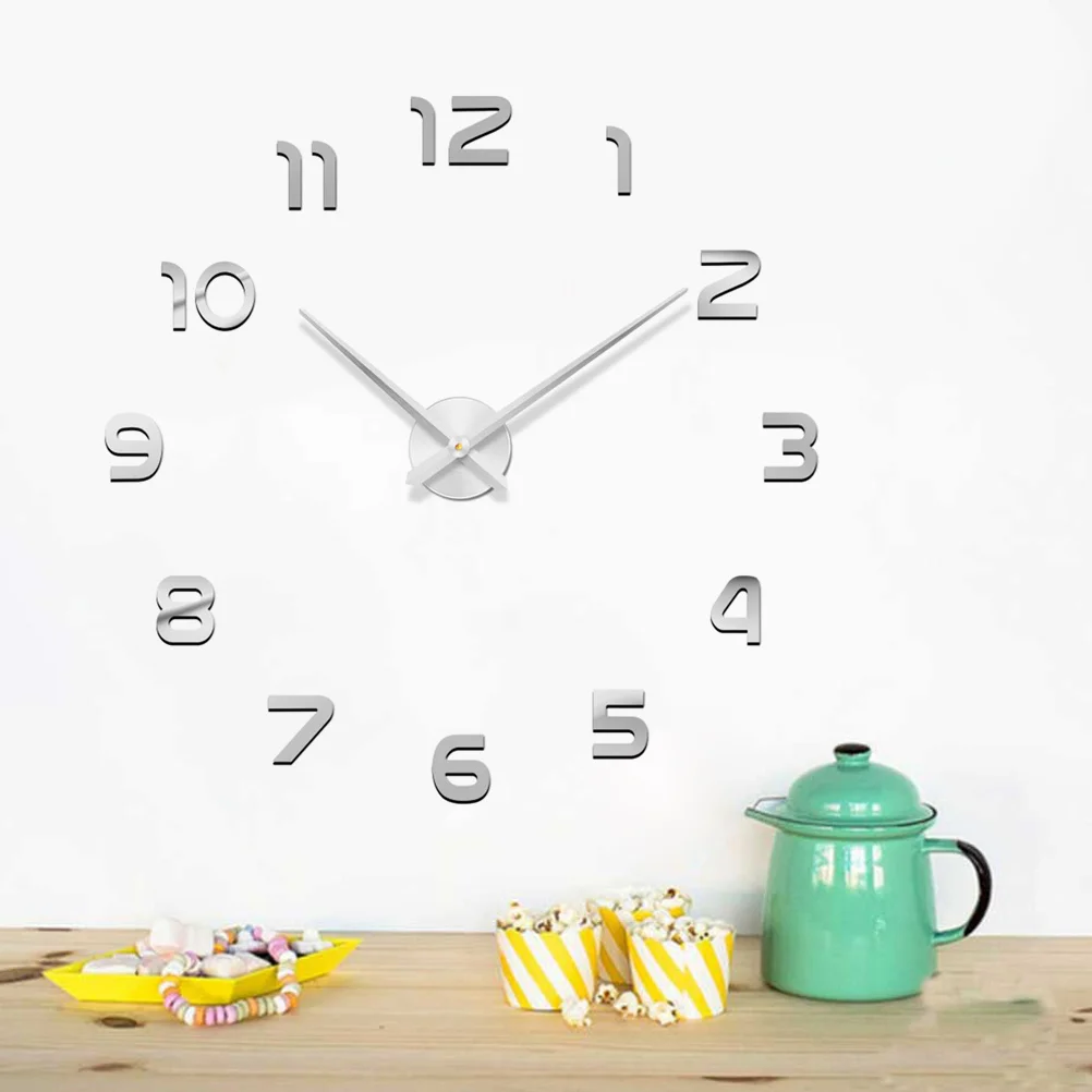 

Large Big Size Silver Frameless Wall Clock Digital Quartz Self-Adhesive Silent for Bedroom Living Room Office
