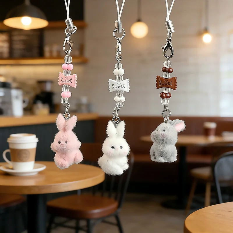 Lindos colgantes de conejo con forma de caramelo para teléfonos móviles, llaveros de cuentas estilo coreano para mujeres, cordones para fundas de iPhone y decoración de bolsos.