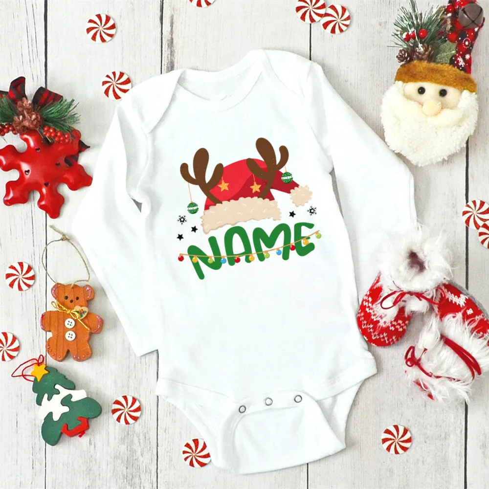 Personalized Deer with Name Baby Bodysuit Christmas Party Newborn Outfit Jumpsuit Toddler Romper Xmas Infant Long Sleeve Clothes