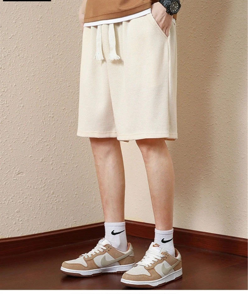 Einfarbige Sommer-Waffelshorts für Herren für lässige, lockere, atmungsaktive, dünne, Basketballsportarten, kurze Shorts, Strandhosen – Detail 7