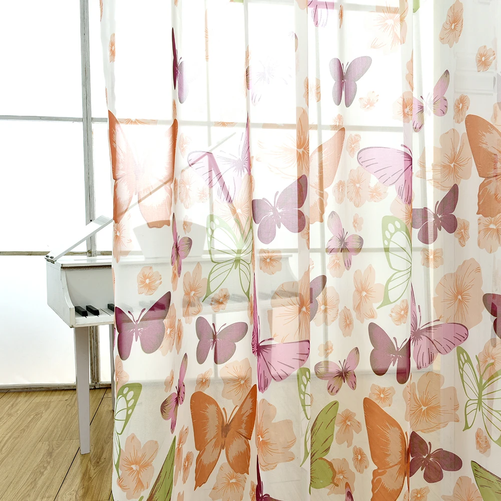 LEEJOOM Butterfly Colour Printed Tulle Yarn Curtain Door Drapes for Home Florist Living Room 1PC