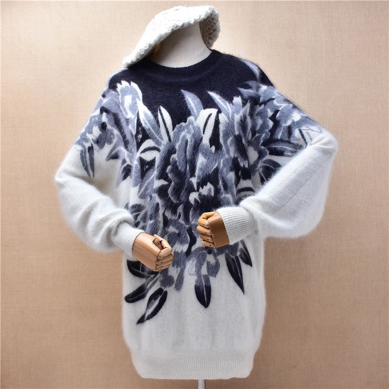 Ladies Women Fashion Chinese Painting Hairy Angora Rabbit Hair Knitted O-Neck Long Batwing Sleeves Loose Pullover Sweater Jumper