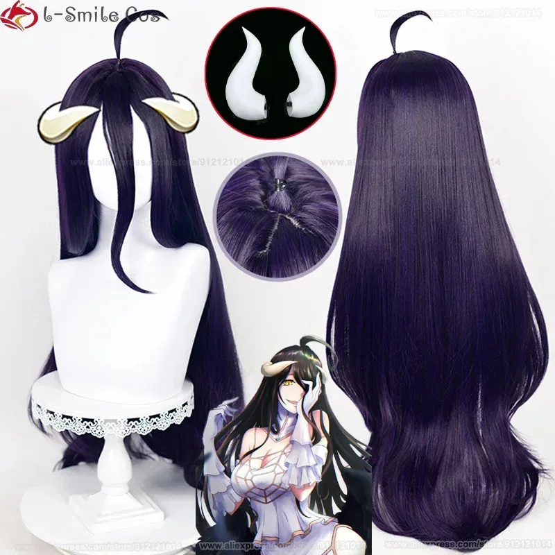 lili 123100cm Anime Overlord Cosplay Albedo Deep Purple Black Wig Horns Heat Resistant Synthetic Wigs +