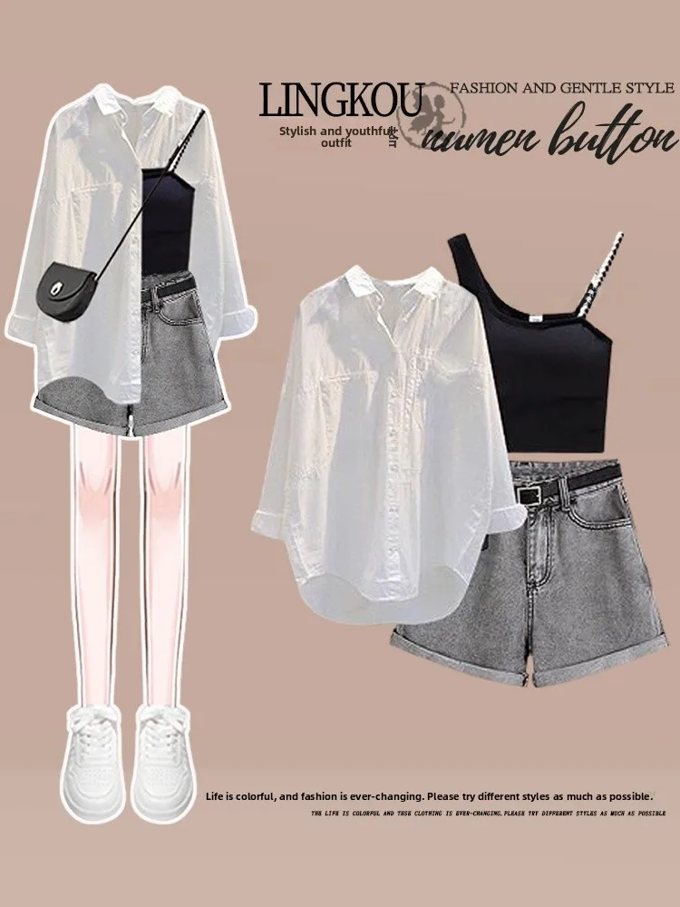 

Summer Hot Girl Blue Denim Set Women's Casual Sunscreen Design Sense Strap Short Pants Three-piece Set Large Size Collar