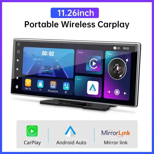 Reproductor de vídeo multimedia con pantalla táctil IPS de 10,26 y 11,26 pulgadas, cámara de salpicadero portátil con diseño inalámbrico de doble lente CarPlay/Android Auto.