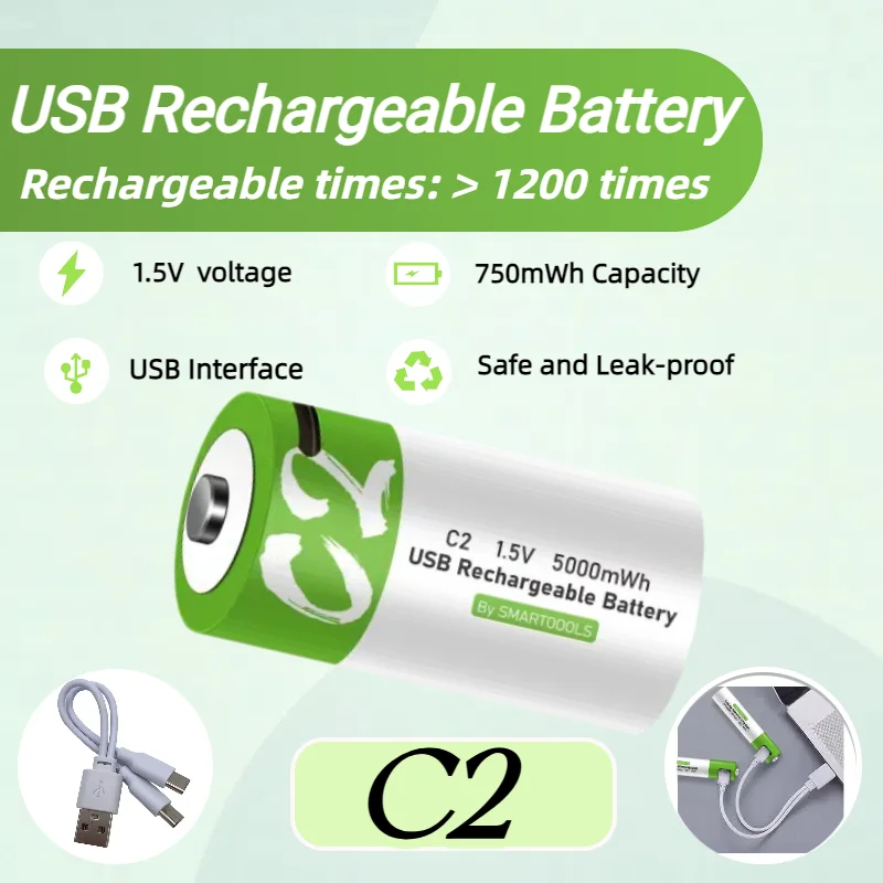 

1.5V 5000mWh LR14 C Size Rechargeable Battery Type-C USB Lithium Battery for Flashlight Gas Cooker Replace C Cell Batteries
