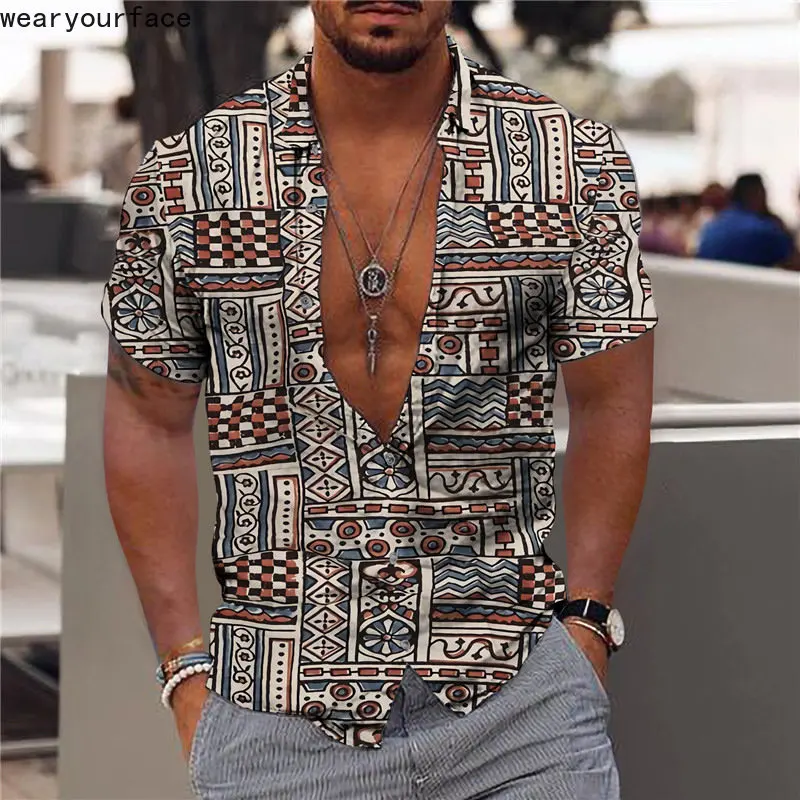 

Geometry Florals Shirts Printed Hawaiian Graphics Dress Shirt Buttons Short Sleeve Thin Streetwear Beach Casual Men Clothing