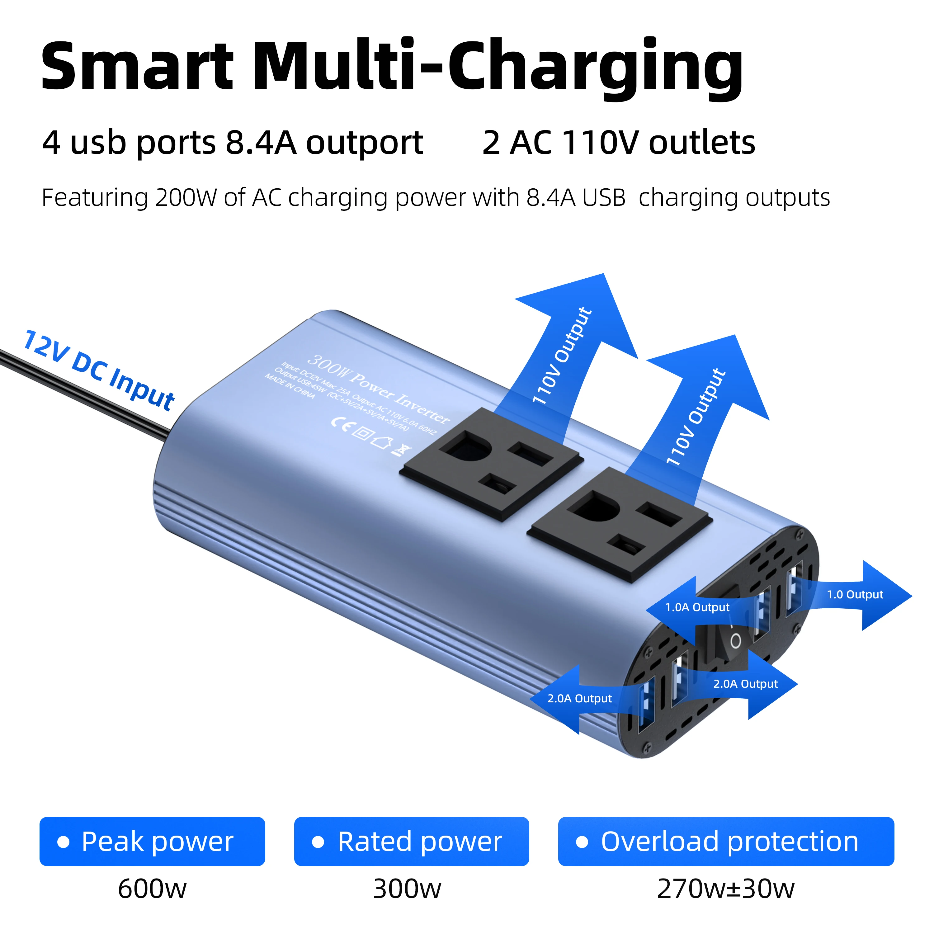 محول محمول عاكس موجة معدل 500 وات، تيار مستمر 12 فولت إلى تيار متردد 110 فولت 60 هرتز، واجهة USB متعددة جديدة #2