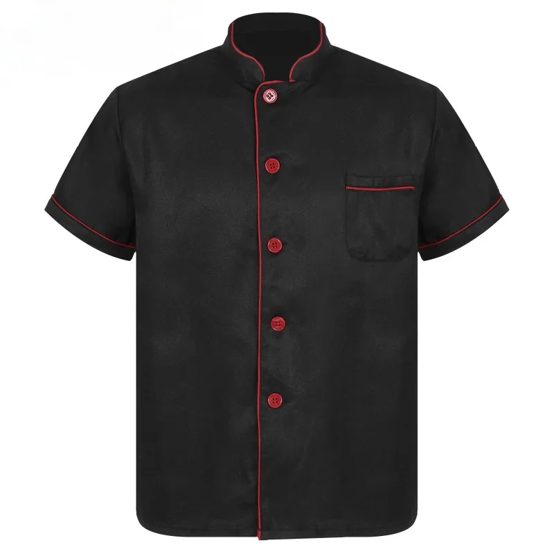 Mens Chef Shirt Uniform Coat Jacket Short Sleeve Restaurant Kitchen Bakery Stand Collar Button Down Cooking Tops with Pocket